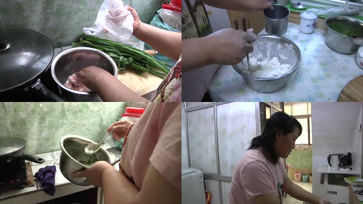 贫困中年妇女在家和面饺子馅包饺子煮饺子