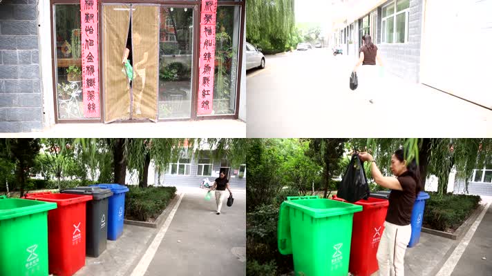 居民下楼把生活垃圾分类放垃圾桶中垃圾分类