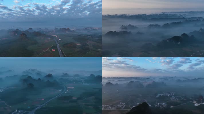 4K航拍广西清晨群山云雾水墨画