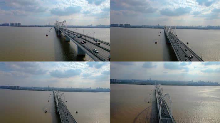 杭州钱塘江九堡大桥俯视汽车车流风景