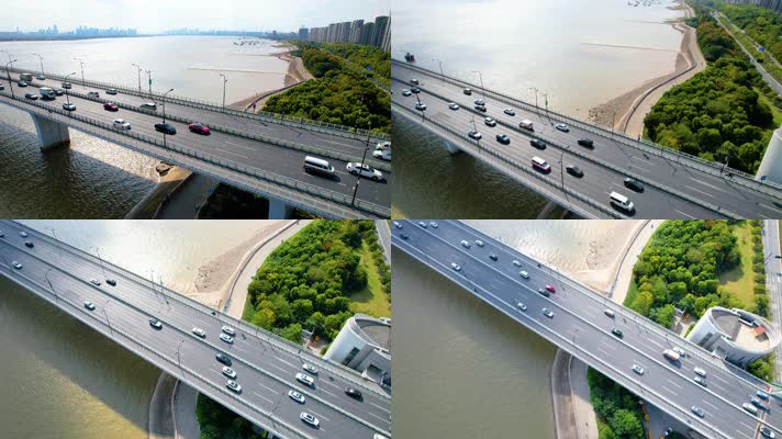 杭州钱塘新区九堡大桥俯视车流航拍
