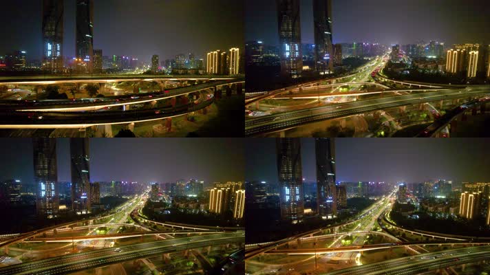 杭州滨江江南大道机场城市大道立交桥夜景航拍