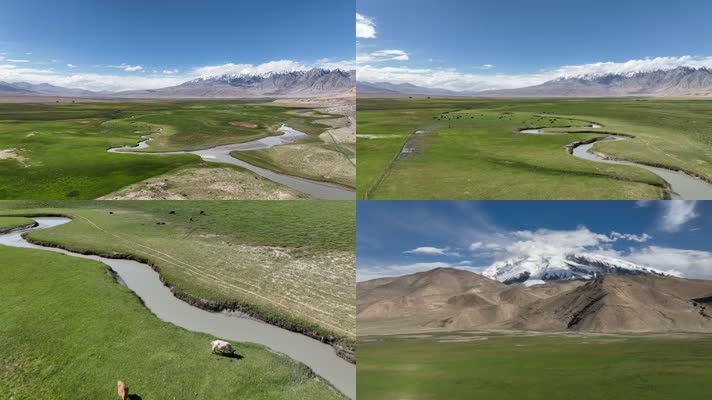 新疆喀什帕米尔高原河流牛羊蓝天白云