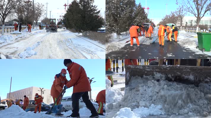 雪后环卫工人清洁工铲雪清理路面