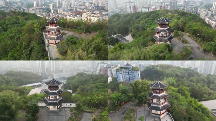 4K重庆北碚玉合公园山顶观光塔高角度航拍