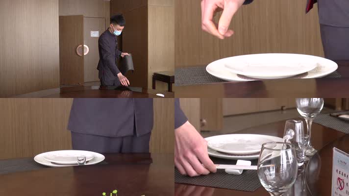 酒店服务员摆台摆放盘子碟子勺子