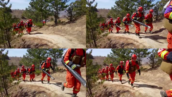 森林消防官兵背着消防器材跑步上山