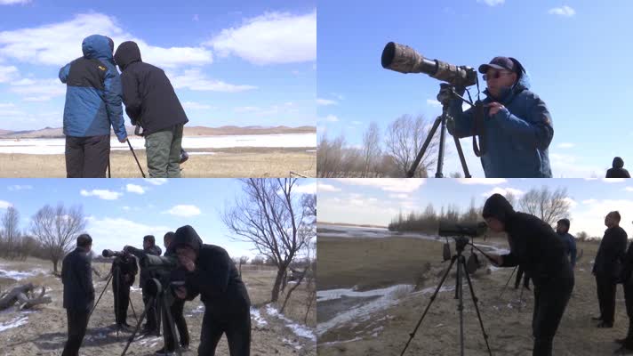 野生动物保护部门用高倍相机望远镜观察候鸟