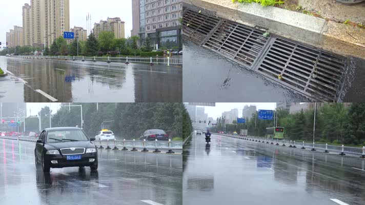 下雨天汽车在道路上行驶路面积水