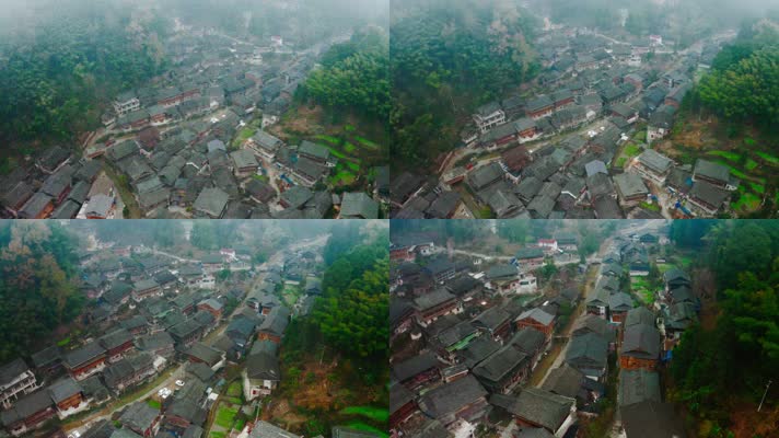 贵州航拍_V1-0106晨雾下的古朴侗寨