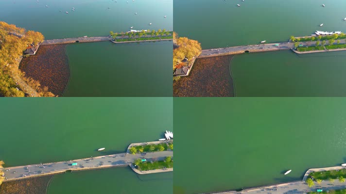 杭州西湖断桥残雪船舶航拍