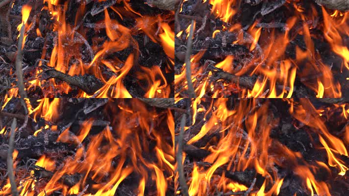 4K烧火焚烧木材枯枝草垛秸秆火焰特写