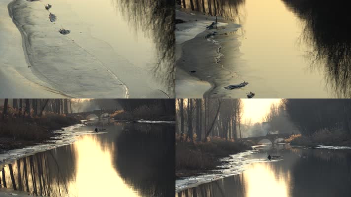 4K北方冬天暖阳下的河流潺潺流水