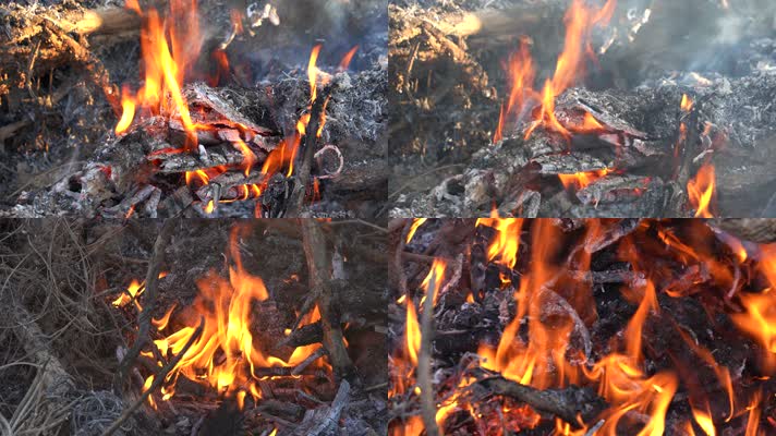 【合集】4K火焰烧火焚烧木材枯枝草垛秸秆