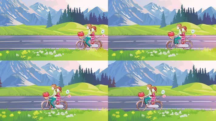 卡通情侣骑自行车动画