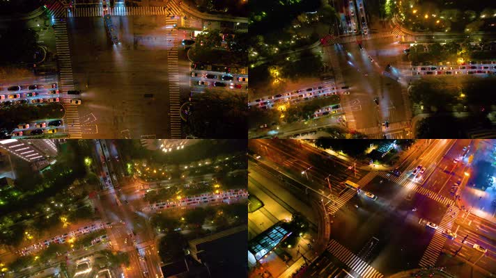 杭州城市十字路口夜晚夜景车流航拍