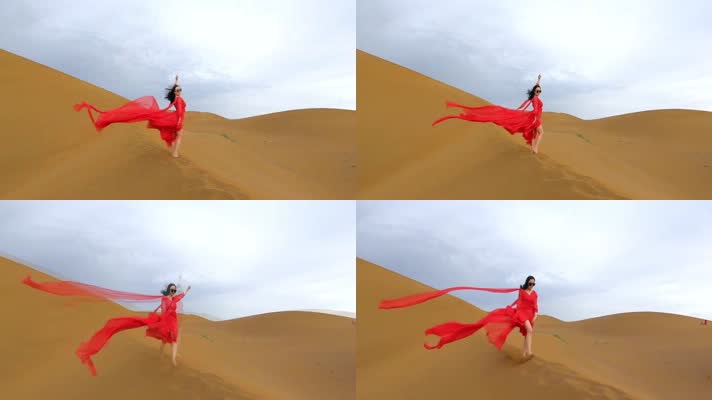 大漠敦煌穿红衣女孩在沙漠上行走