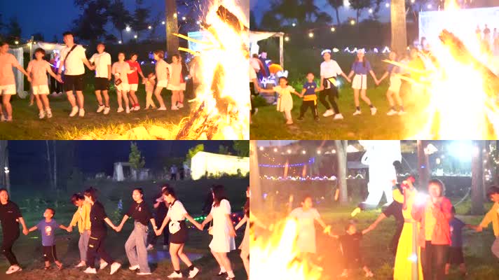 乡村旅游游客市民围绕篝火转圈跳舞