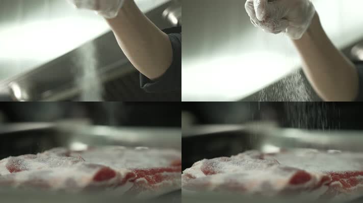 腌肉-盐撒到五花肉上 高速摄影