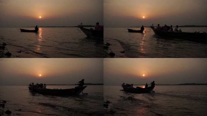 傍晚渔民打渔归来唯美夕阳