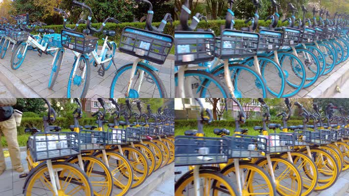 马路街边整齐摆放的共享单车城市