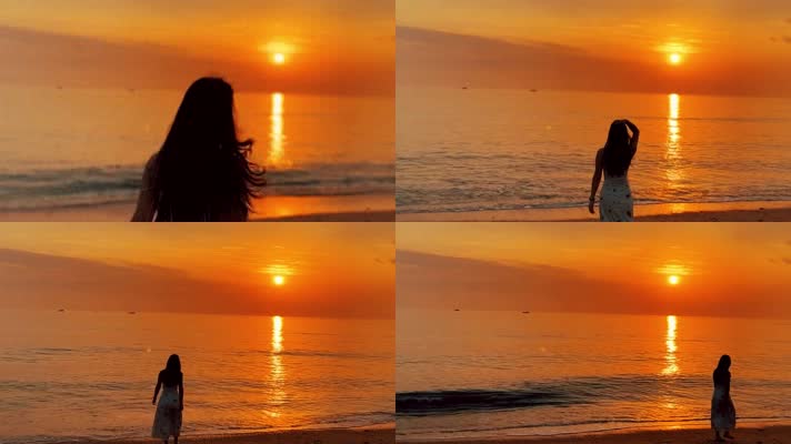  1080海边美女欣赏落日背影实拍空镜视频