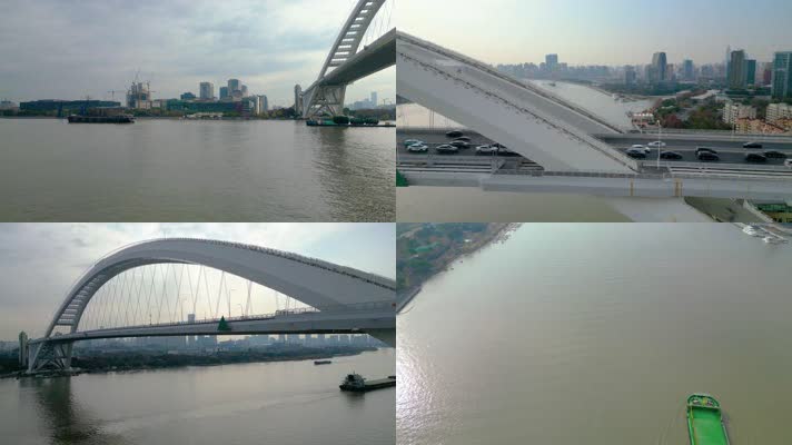 上海市黄浦江卢浦大桥汽车车辆车流船只航拍