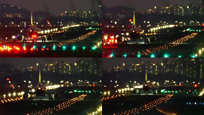 夜晚机场跑道飞机起飞灯光闪烁