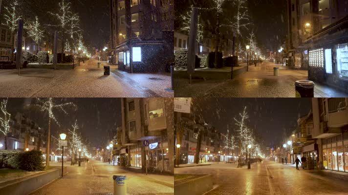 4K雪寒冷的街道 圣诞节 夜晚城市的街道
