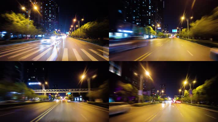 城市马路夜景汽车飙车开车第一视角