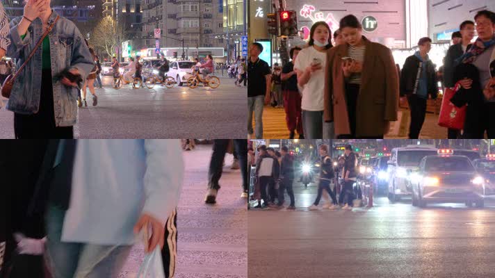 夜晚城市行人过马路汽车车辆车流人流脚步夜景街景