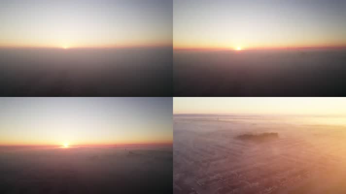 清晨日出朝阳薄雾平原唯美航拍