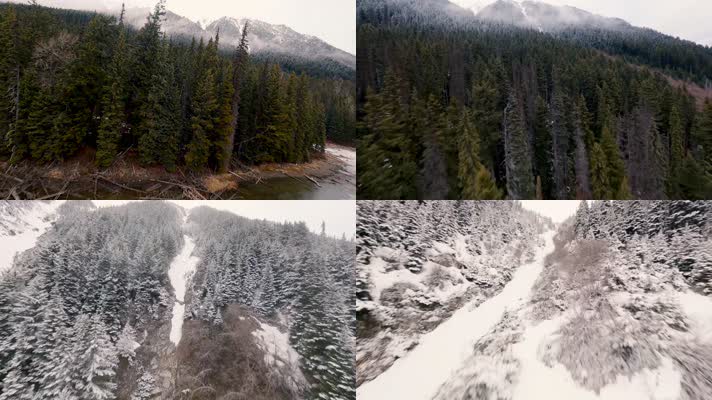 冬季穿越机飞越森林雪山山脉航拍