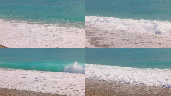4K高清洁白海浪拍打沙滩  蓝色波浪冲向