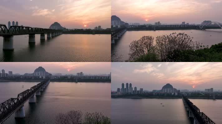 4K航拍广西柳州铁桥晚霞