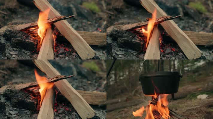 森林篝火铁锅烹饪取暖