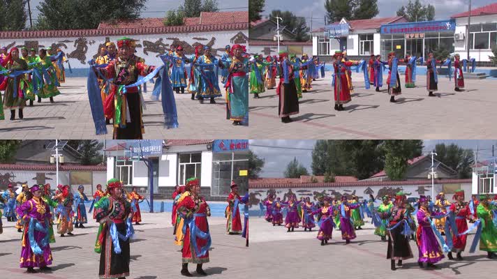 蒙古族身穿蒙古袍在村民广场跳舞蒙古舞
