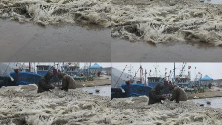 h雨天渔民在整理渔网