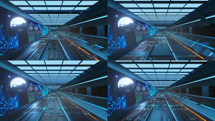 科幻未来派火车站隧道 无缝环路的灯光景观