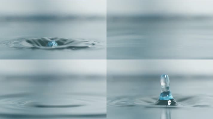 蓝色水珠滴入水中慢镜升格实拍
