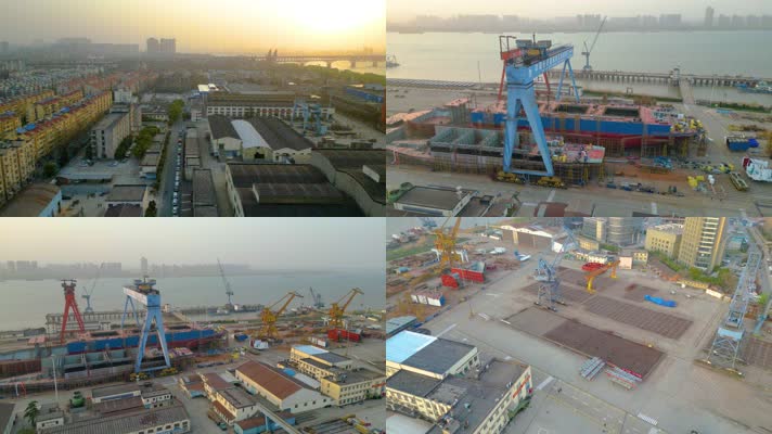 南京市鼓楼区中国长航船舶重工金陵船厂航拍素材