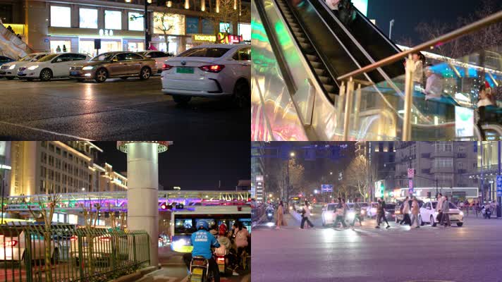 杭州城市夜晚行人过马路车流人流脚步人文
