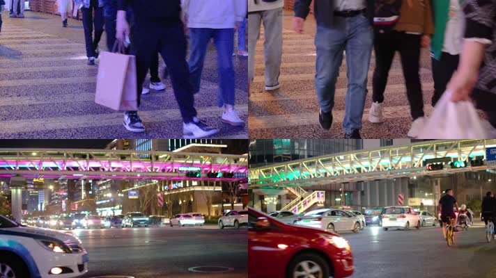 杭州城市夜晚行人过马路车流人流脚步人文