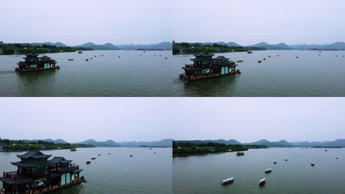 0101高清4k航拍杭州西湖游船跟拍城市
