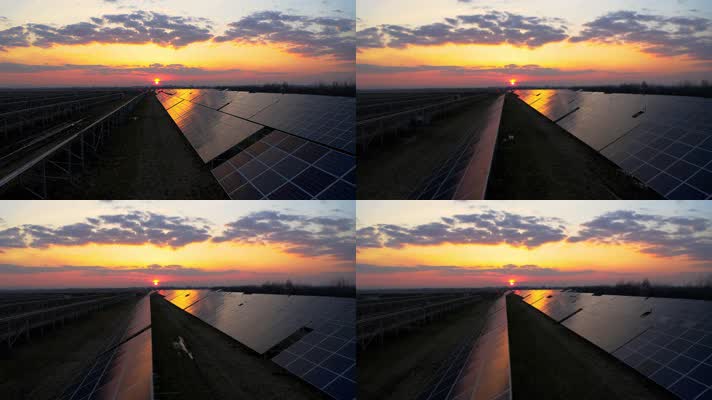 太阳能电池板，日出，太阳能鸟瞰图 