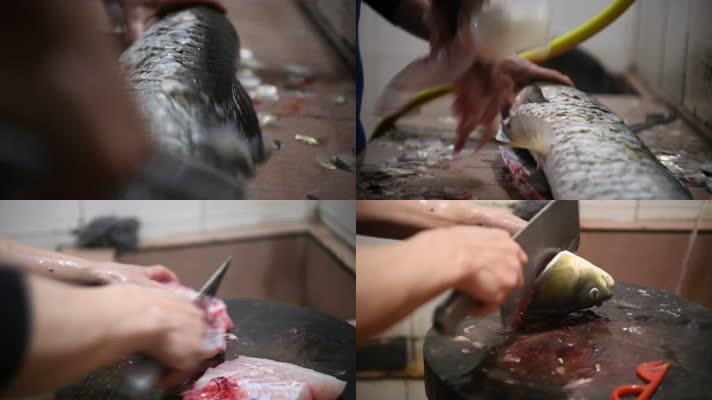 高清杀鱼砍鱼肉镜头
