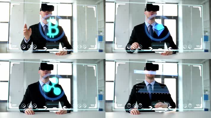 商务人士带VR头盔操控虚拟屏幕