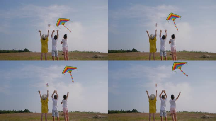 田间野外三个孩子放风筝