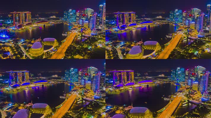 航拍新加坡商务区繁华夜景延时