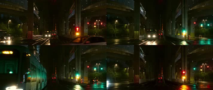 城市立交桥轻轨交通车辆路口雨夜